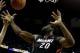 Oct 23, 2013; New Orleans, LA, USA; Miami Heat center Greg Oden (20) and New Orleans Pelicans power forward Anthony Davis (23) battle for a rebound during the first half of a preseason game at New Orleans Arena. Mandatory Credit: Derick E. Hingle-USA TODA