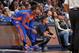 DENVER, CO - NOVEMBER 29: J.R. Smith #8 of the New York Knicks waits to get in the game against the Denver Nuggets on November 29, 2013 at the Pepsi Center in Denver, Colorado. NOTE TO USER: User expressly acknowledges and agrees that, by downloading and