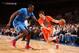 NEW YORK, NY - DECEMBER 25: Beno Udrih #18 of the New York Knicks drives against Kendrick Perkins #5 of the Oklahoma City Thunder during a game at Madison Square Garden in New York City on December 25, 2013. NOTE TO USER: User expressly acknowledges and