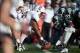 Jan 1, 2014; Pasadena, CA, USA; General view of the line of scrimmage as Stanford Cardinal center Khalil Wilkes snaps the ball against the Michigan State Spartans in the 100th Rose Bowl. Mandatory Credit: Kirby Lee-USA TODAY Sports