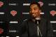 Feb. 19, 2012; New York, NY, USA; New York Knicks guard J. R. Smith during the post game press conference against the Dallas Mavericks at Madison Square Garden. Knicks won 104-97. Mandatory Credit: Debby Wong-USA TODAY Sports