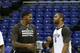 LONDON, ENGLAND - JANUARY 15: Joe Johnson and Alan Anderson of the Brooklyn Nets during practice as part of the 2014 Global Games on January 15, 2014 at The O2 Arena in London, England. NOTE TO USER: User expressly acknowledges and agrees that, by downlo
