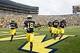 Aug 31, 2013; Ann Arbor, MI, USA; Michigan Wolverines defensive back Blake Countess (18) leads teammates over to the fan section after the game against the Central Michigan Chippewas at Michigan Stadium. Michigan won 59-9. Mandatory Credit: Rick Osentoski