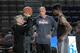 MANCHESTER, ENGLAND - OCTOBER 7: Nerlens Noel #4 and Brett Brown of the Philadelphia 76ers practice getting ready for their game against the Oklahoma City Thunder as part of the NBA Global Games on October 7, 2013 at the Phones 4u Arena in Manchester, En