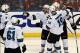 Jan 16, 2014; Sunrise, FL, USA; San Jose Sharks center Joe Pavelski (8) celebrates his against the Florida Panthers with San Jose Sharks center Joe Thornton (19), defenseman Brad Stuart (7), defenseman Justin Braun (61) and right wing Brent Burns (back)