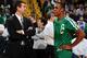 BOSTON, MA - JANUARY 15: Head coach Brad Stevens and Rajon Rondo #9 of the Boston Celtics chat during warm ups before the game against the Toronto Raptors on January 15, 2014 at the TD Garden in Boston, Massachusetts. NOTE TO USER: User expressly acknowl