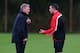 MANCHESTER, ENGLAND - OCTOBER 22: David Moyes the manager of Manchester United talks with Robin Van Persie prior to a training session at Aon Training Complex on October 22, 2013 in Manchester, England. (Photo by Alex Livesey/Getty Images)