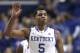 Jan 8, 2014; Lexington, KY, USA; Kentucky Wildcats guard Andrew Harrison (5) reacts during the game against the Mississippi State Bulldogs in the second half at Rupp Arena. Kentucky defeated Mississippi State 85-63. Mandatory Credit: Mark Zerof-USA TODAY