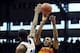 Jan 18, 2014; Lawrence, KS, USA; Oklahoma State Cowboys forward Kamari Murphy (21) shoots against Kansas Jayhawks center Joel Embiid (21) in the first half at Allen Fieldhouse. Mandatory Credit: John Rieger-USA TODAY Sports