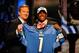 NEW YORK - APRIL 22: Jahvid Best (R) from the California Golden Bears poses with NFL Commissioner ROger Goodell as they hold up a Detroit Lions jersey after the Lions selected Best number 30 overall during the first round of the 2010 NFL Draft at Radio C