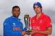 BIRMINGHAM, ENGLAND - JUNE 22: MS Dhoni (L) captain of India poses with the ICC Champions Trophy alongside Alastair Cook (R) captain of England at Edgbaston on June 22, 2013 in Birmingham, England. (Photo by Michael Steele/Getty Images)