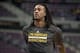 Nov 29, 2013; Auburn Hills, MI, USA; Los Angeles Lakers center Jordan Hill (27) warms up before the game against the Detroit Pistons at The Palace of Auburn Hills. Mandatory Credit: Tim Fuller-USA TODAY Sports