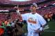 DENVER, CO - JANUARY 19: Peyton Manning #18 of the Denver Broncos celebrates after they defeated the New England Patriots 26 to 16 during the AFC Championship game at Sports Authority Field at Mile High on January 19, 2014 in Denver, Colorado. (Photo by