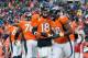DENVER, CO - DECEMBER 30: Wide receiver Demaryius Thomas #88 and quarterback Peyton Manning #18 of the Denver Broncos celebrate a touchdown pass during a game against the Kansas City Chiefs at Sports Authority Field at Mile High on December 30, 2012 in De