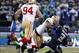 Jan 19, 2014; Seattle, WA, USA; Seattle Seahawks quarterback Russell Wilson (3) is sacked by San Francisco 49ers inside linebacker NaVorro Bowman (53) during the first half of the 2013 NFC Championship football game at CenturyLink Field. Mandatory Credit: