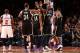 NEW YORK, NY - JANUARY 20: Paul Pierce #34 of the Brooklyn Nets high-fives teammate Kevin Garnett #2 during a game against the New York Knicks at Madison Square Garden in New York City on January 20, 2014. NOTE TO USER: User expressly acknowledges and ag