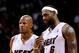 Jan 7, 2014; Miami, FL, USA; Miami Heat shooting guard Ray Allen (left) talks with small forward LeBron James (right) during the second half against the New Orleans Pelicans at American Airlines Arena. The Heat won 107-88. Mandatory Credit: Steve Mitchell