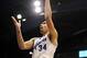 Jan 11, 2014; Lawrence, KS, USA; Kansas Jayhawks forward Perry Ellis (34) shoots the ball during the first half against the Kansas State Wildcats at Allen Fieldhouse. Kansas won 86 - 60. Mandatory Credit: Denny Medley-USA TODAY Sports
