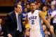 DURHAM, NC - JANUARY 18: Coach Mike Krzyzewski confers with Quinn Cook #2 of the Duke Blue Devils during their game against the North Carolina State Wolfpack at Cameron Indoor Stadium on January 18, 2014 in Durham, North Carolina. (Photo by Grant Halver