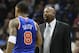 Nov 16, 2012; Memphis, TN, USA; New York Knicks head coach Mike Woodson talks to guard J.R. Smith (8) during the game against the Memphis Grizzlies at the FedEx Forum. Memphis defeated New York 105-95. Mandatory Credit: Nelson Chenault-USA TODAY Sports