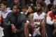 Jan 10, 2014; Brooklyn, NY, USA; Miami Heat small forward LeBron James (6) and shooting guard Dwyane Wade (suit) look on against the Brooklyn Nets during the second overtime at Barclays Center. The Brooklyn Nets won the game 104-95 in double overtime. Man