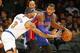 Jan 7, 2014; New York, NY, USA; New York Knicks power forward Kenyon Martin (3) strips ball from Detroit Pistons power forward Greg Monroe (10) during the second half at Madison Square Garden. New York Knicks defeat the Detroit Pistons 89-85. Mandatory C