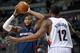 Dec 15, 2013; Auburn Hills, MI, USA; Detroit Pistons power forward Greg Monroe (10) looks to pass the ball as Portland Trail Blazers power forward LaMarcus Aldridge (12) defends during the first quarter at the Palace of Auburn Hills. Mandatory Credit: Tim