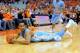 Jan 11, 2014; Syracuse, NY, USA; North Carolina Tar Heels forward J.P. Tokoto (13) dives on the floor for a loose ball against the Syracuse Orange during the first half at the Carrier Dome. Syracuse defeated North Carolina 57-45. Mandatory Credit: Rich B