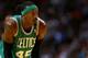MIAMI, FL - JANUARY 21: Gerald Wallace (45) of the Boston Celtics looks on during a game against the Miami Heat at AmericanAirlines Arena on January 21, 2014 in Miami, Florida. NOTE TO USER: User expressly acknowledges and agrees that, by downloading and/