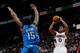 ATLANTA, GA - DECEMBER 10: Jeff Teague #0 of the Atlanta Hawks shoots against Reggie Jackson #15 of the Oklahoma City Thunder at Philips Arena on December 10, 2013 in Atlanta, Georgia. NOTE TO USER: User expressly acknowledges and agrees that, by downl