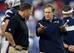 Greg Schiano (left) listens to Bill Belichick (right) at a joint practice.