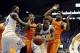 Jan 18, 2014; Lawrence, KS, USA; Kansas Jayhawks guard Wayne Selden, Jr. (1) grabs a rebound against Oklahoma State Cowboys guard Marcus Smart (33) and guard Brian Williams (4) in the first half at Allen Fieldhouse. Mandatory Credit: John Rieger-USA TODAY