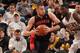 INDIANAPOLIS - JANUARY 7: Jonas Valanciunas #17 of the Toronto Raptors drives against the Indiana Pacers at Bankers Life Fieldhouse on January 7, 2014 in Indianapolis, Indiana. NOTE TO USER: User expressly acknowledges and agrees that, by downloading and