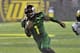 EUGENE, OR - SEPTEMBER 28: Wide receiver Josh Huff #1 of the Oregon Ducks heads for the end zone and touchdown during the first quarter of the game against the California Golden Bears at Autzen Stadium on September 28, 2013 in Eugene, Oregon. (Photo by St