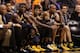 PHOENIX, AZ - JANUARY 22: (R-L) David West #21, Lance Stephenson #1, Paul George #24 and Roy Hibbert #55 of the Indiana Pacers react on the bench during the second half of the NBA game against the Phoenix Suns at US Airways Center on January 22, 2014 in
