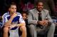 LOS ANGELES, CA - FEBRUARY 18: Stephen Curry #30 of the Golden State Warriors and the Sophomore Team sits next to Carmelo Anthony of the Denver Nuggets as his son Kiyan Carmelo Anthony is between them during the T-Mobile Rookie Challenge and Youth Jam at