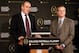IRVING, TX - OCTOBER 16: (L-R) Bill Hancock, executive director of the College Football Playoff, introduces Jeff Long as the chairman of the College Football Playoff selection committee on October 16, 2013 in Irving, Texas. Long will serve as the chairma