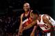 PORTLAND, OR - MAY 2: Charles Barkley #34 of the Phoenix Suns smiles as Buck Williams #52 of the Portland Trail Blazers prepares to box him out of the paint in Game Three of the Western Conference Quarterfinals during the 1995 NBA Playoffs at the Memoria