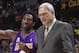 21 Nov 2001: Guard Kobe Bryant #8 and head coach Phil Jackson discuss the play preceding the end of the first half against the Denver Nuggets at the Pepsi Center in Denver, Colorado. DIGITAL IMAGE NOTE TO USER: User expressly acknowledges and agr