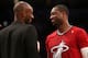 LOS ANGELES, CA - DECEMBER 25: Dwyane Wade #3 of the Miami Heat and Kobe Bryant #24 of the Los Angeles Lakers meet after the game at Staples Center on December 25, 2013 in Los Angeles, California. The Heat won 101-95. NOTE TO USER: User expressly acknow