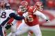 Dec 1, 2013; Kansas City, MO, USA; Kansas City Chiefs tackle Branden Albert (76) defends against Denver Broncos linebacker Von Miller (58) at Arrowhead Stadium. The Broncos defeated the Chiefs 35-28. Mandatory Credit: Kirby Lee-USA TODAY Sports
