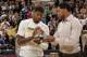 INDIANAPOLIS, IN - APRIL 24: Paul George #24 of the Indiana Pacers accepts his KIA NBA Most Improved Player award from teammate Danny Granger #33 of the Indiana Pacers during the Game Two of the Eastern Conference Quarterfinals between the Indiana Pacers