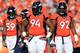 DENVER, CO - JANUARY 19: Danny Trevathan #59 and Terrance Knighton #94 of the Denver Broncos reacts in the second quarter against the New England Patriots during the AFC Championship game at Sports Authority Field at Mile High on January 19, 2014 in Denv