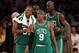 LOS ANGELES, CA - JUNE 06: (L-R) Paul Pierce #34, Kendrick Perkins #43, Rajon Rondo #9 and Kevin Garnett #5 of the Boston Celtics walk onto the court in the second half against the Los Angeles Lakers in Game Two of the 2010 NBA Finals at Staples Center o