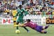 CAPE TOWN, SOUTH AFRICA - JANUARY 19: Fuad Salami of Nigeria on the attack as Moeneeb Josephs of South Africa dives for the ball during the 2014 African Nations Championship match between South Africa and Nigeria at Cape Town Stadium on January 19, 2014