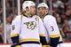 Oct 22, 2013; Saint Paul, MN, USA; Nashville Predators defenseman Shea Weber (6) and defenseman Seth Jones (3) against the Minnesota Wild at Xcel Energy Center at Xcel Energy Center. The Wild defeated the Predators 2-0. Mandatory Credit: Brace Hemmelgarn-