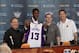 Jun 28, 2013; Phoenix, AZ, USA; Phoenix Suns president of basketball operations Lon Babby , first round draft choice Archie Goodwin , general manager Ryan McDonough , and head coach Jeff Hornacek pose for a photo at a press conference at US Airways Center