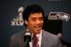 JERSEY CITY, NJ - JANUARY 26: Starting quarterback Russell Wilson of the Seattle Seahawks addresses the media at the Westin Hotel on January 26, 2014 in Jersey City, New Jersey. (Photo by Elsa/Getty Images)