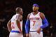 NEW YORK - JANUARY 24: Carmelo Anthony #7 and Raymond Felton #2 of the New York Knicks talk during the game against the Charlotte Bobcats on January 24, 2014 at Madison Square Garden in New York City. NOTE TO USER: User expressly acknowledges and agrees