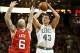 Dec 31, 2013; Boston, MA, USA; Boston Celtics power forward Kris Humphries (43) shoots over Atlanta Hawks center Pero Antic (6) during the second quarter of Atlanta's 92-91 win at TD Garden. Mandatory Credit: Winslow Townson-USA TODAY Sports